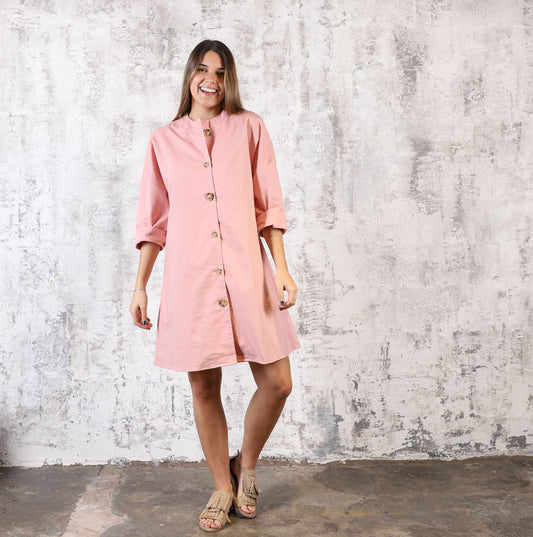 Vestido Lino Botones Rosa