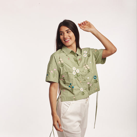 Camisa Corta Bordada Verde