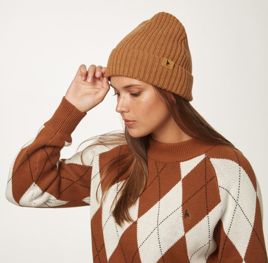 Gorro Rib Lana Merino Camel