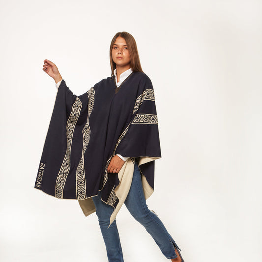 Poncho Reversible Hilo Azul/Tostado